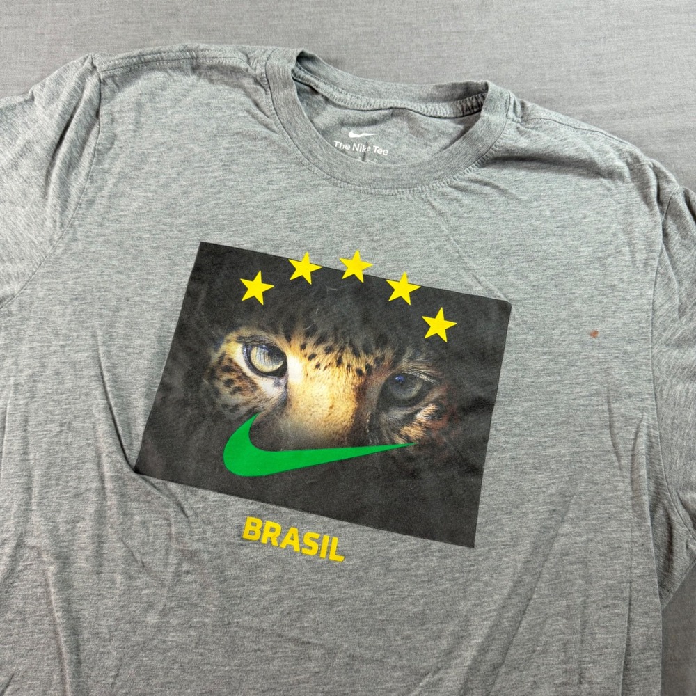 Nike Brasil Graphic T-Shirt Mens Large Gray Good Jaguar Soccer Tee